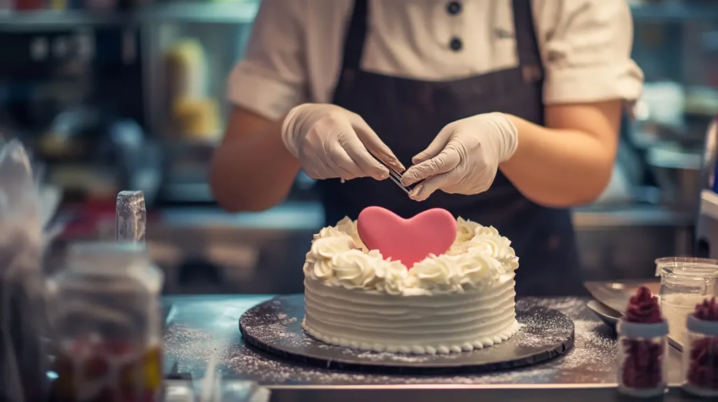 A professional baker decorating a heart-shaped cake using a piping bag, with tools like offset spatulas and a cake turntable, set against a background of a fully stocked bakery or organized workstation