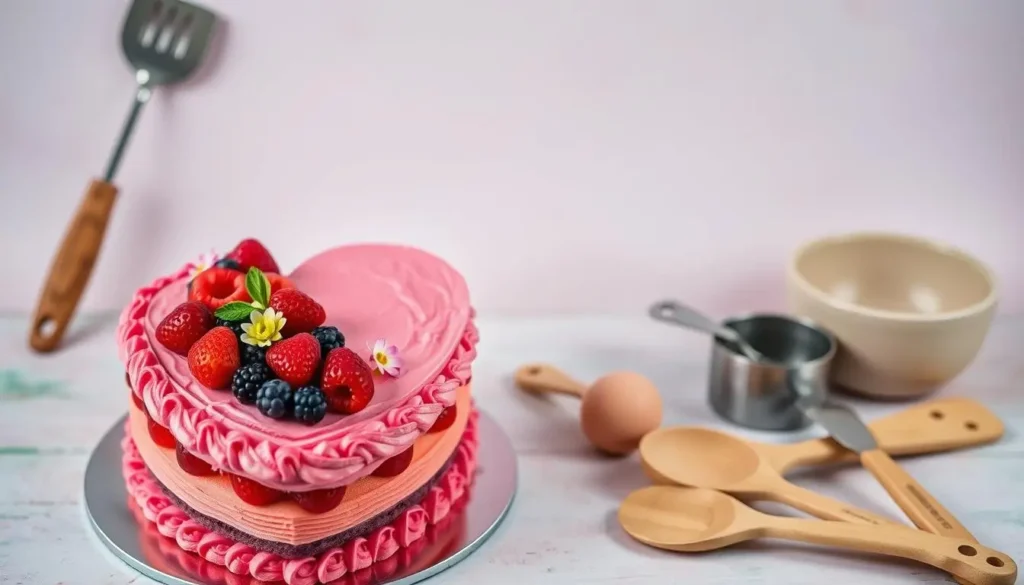 A heart-shaped cake with vibrant frosting layers, fresh berries, and edible flowers, set against a pastel backdrop with baking tools like spatulas, measuring cups, and mixing bowls