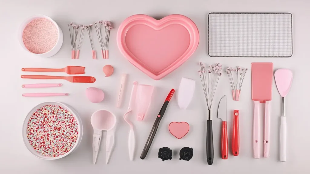 A neatly organized display of professional baking tools for heart cakes, including a heart-shaped cake pan, offset spatulas, a cake leveler, a turntable, piping bags, a silicone mat, and a bench scraper, with decorative sprinkles and edible glitter.