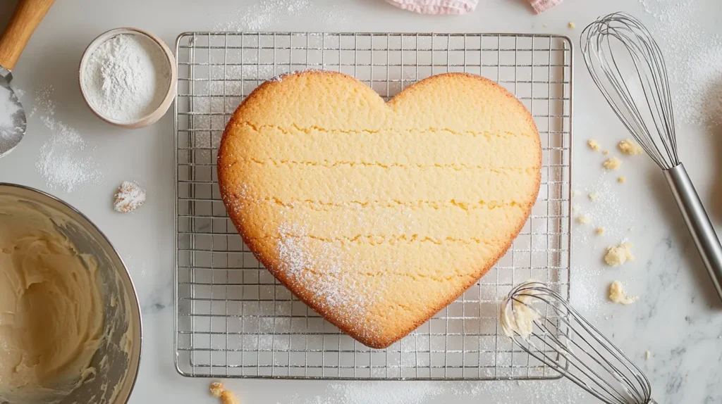 Close-up of a freshly baked heart-shaped cake base on a cooling rack, surrounded by a mixing bowl with batter remnants, a whisk, and a sifter lightly dusted with flour on the countertop, in soft natural lighting.