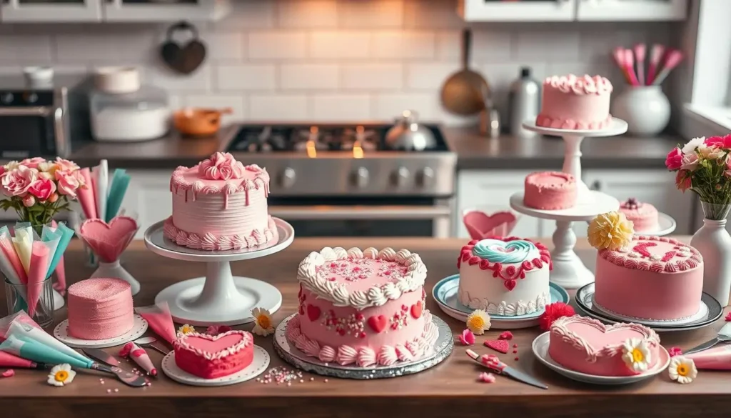 A cake decorating station with heart-shaped cakes, vibrant icing, piping bags, edible decorations, fresh flowers, and tools like spatulas and cake turntables, set against a soft-focus kitchen backdrop with warm lighting.