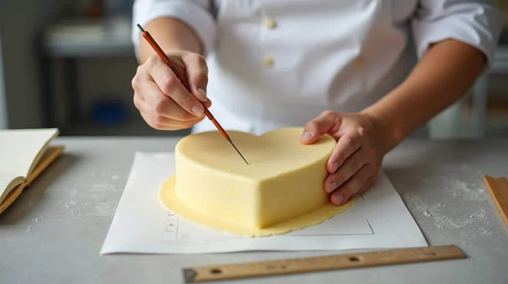 A baker inspecting a heart-shaped cake layer with a cake tester in one hand and the other hand testing the surface for bounce. Nearby are tools like a ruler, a cake leveler, and an open checklist in a clean, professional baking environment.