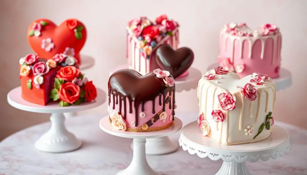 An assortment of heart-shaped cakes with vibrant colors, floral patterns, ganache drips, and edible glitter accents, displayed on elegant cake stands against a soft pastel background