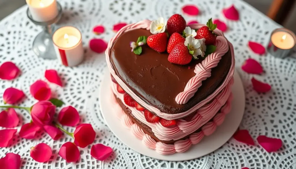 A heart-shaped cake with chocolate and raspberry layers, pink buttercream frosting, fresh strawberries, and edible flowers, set on a white lace tablecloth surrounded by candlelight and rose petals.