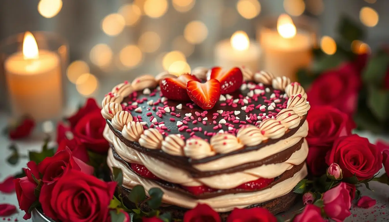 A heart-shaped cake surrounded by red roses and edible glitter, with layers of chocolate and vanilla frosting, topped with fresh strawberries and heart-shaped sprinkles. The background features soft candlelight and a romantic ambiance.