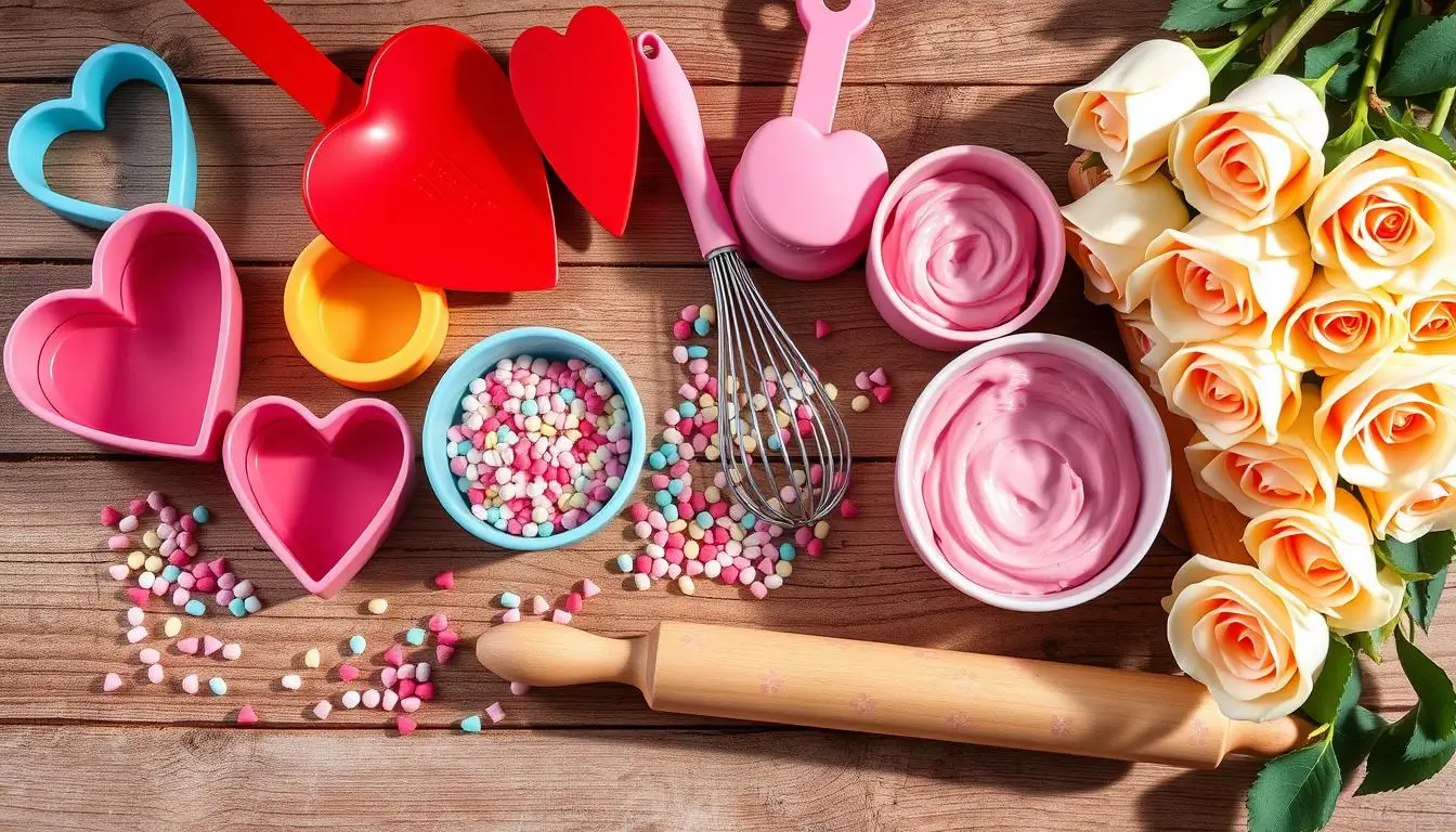 A vibrant collection of Valentine's Day baking tools, including heart-shaped cookie cutters, a red silicone spatula, pink measuring cups, a whisk with a heart-shaped handle, and a floral-patterned rolling pin, surrounded by pastel sprinkles, pink frosting, and fresh roses on a rustic wooden table