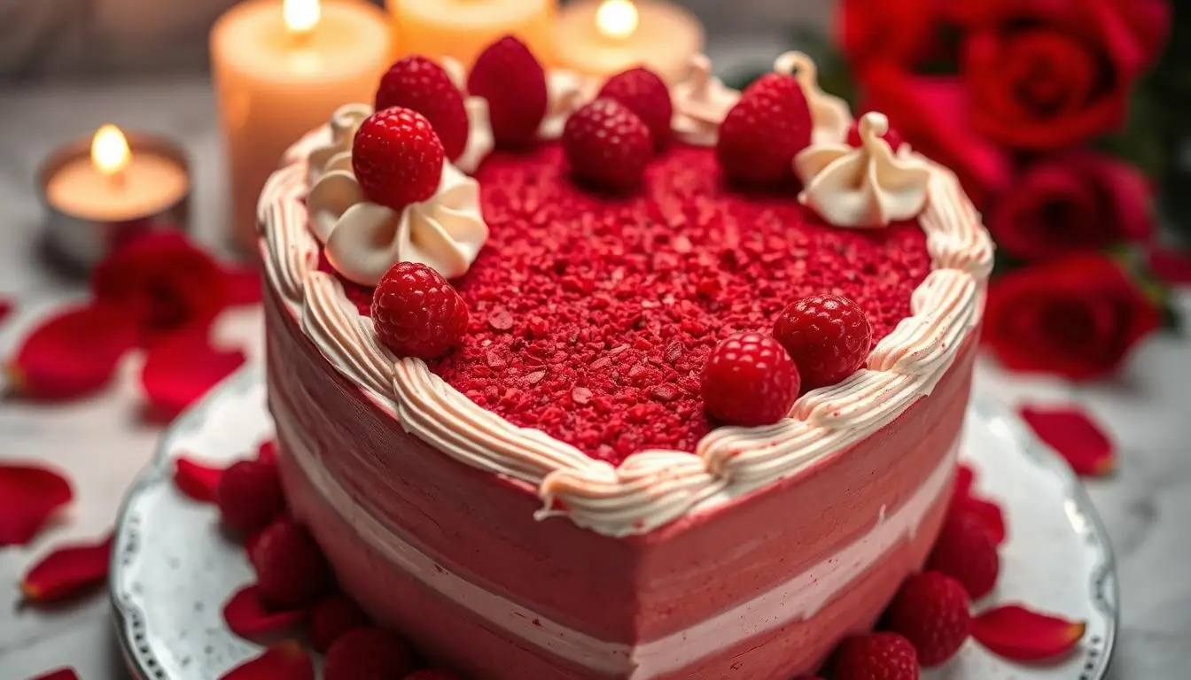 A heart-shaped red velvet cake with cream cheese frosting, white chocolate curls, and red berries, featuring intricate piping and edible gold shimmer. The cake is set against a blurred background of romantic candles and rose petals.