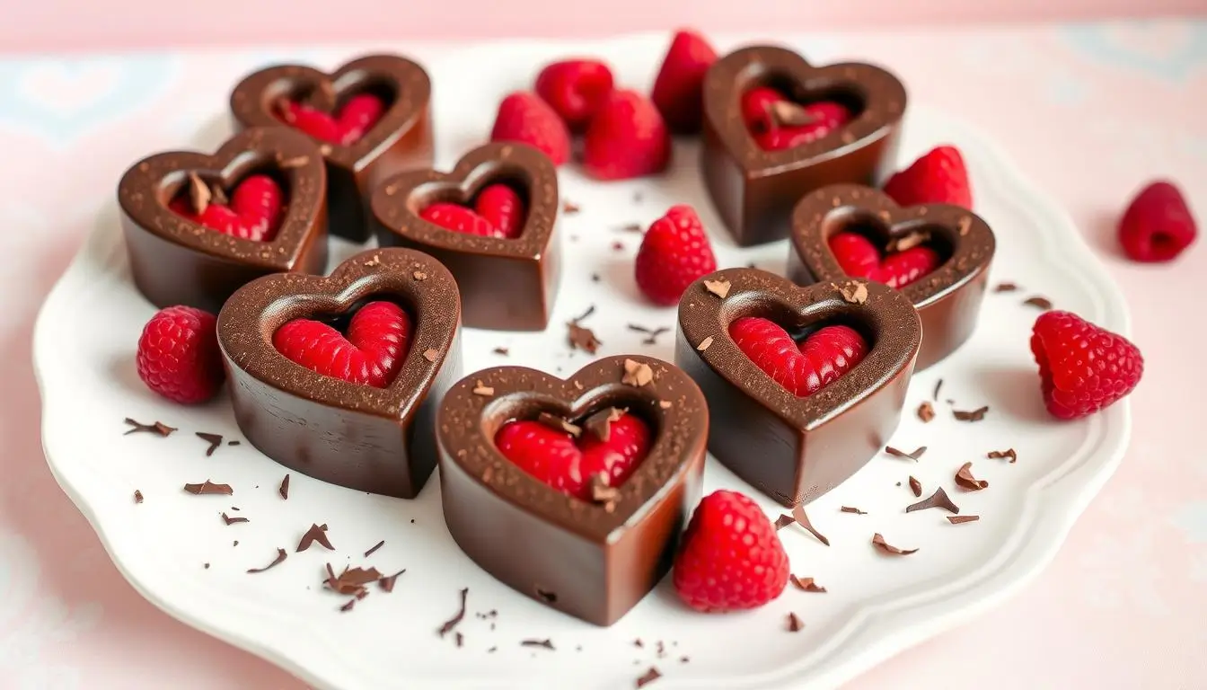 Heart-shaped chocolate cakes with raspberry filling, surrounded by fresh raspberries and chocolate shavings, elegantly arranged on a white plate against a soft pastel background.