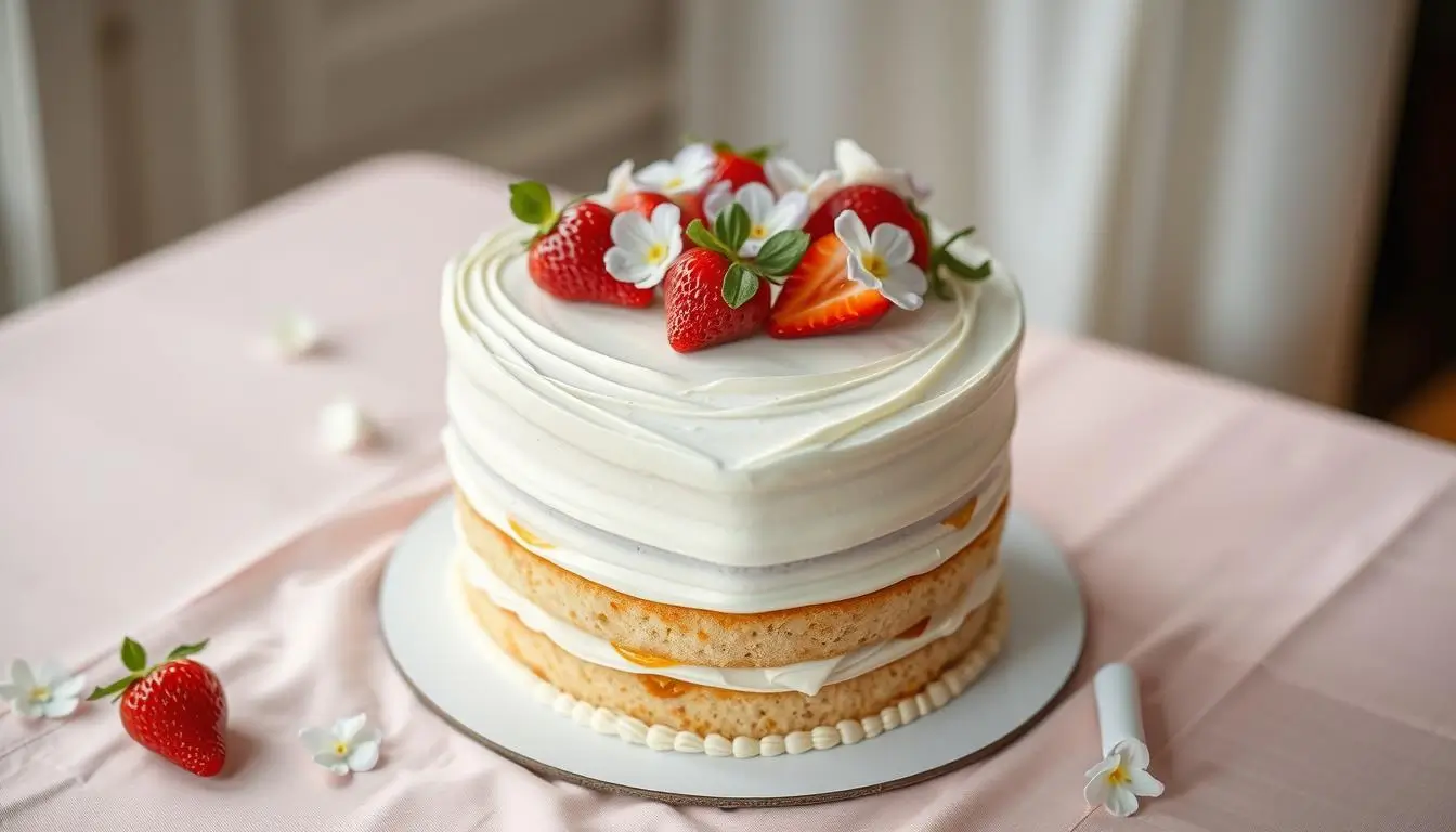 A heart-shaped vanilla bean layer cake with smooth white frosting, visible vanilla bean specks, topped with fresh strawberries and edible flowers. The cake rests on a pastel-colored tablecloth under gentle lighting.