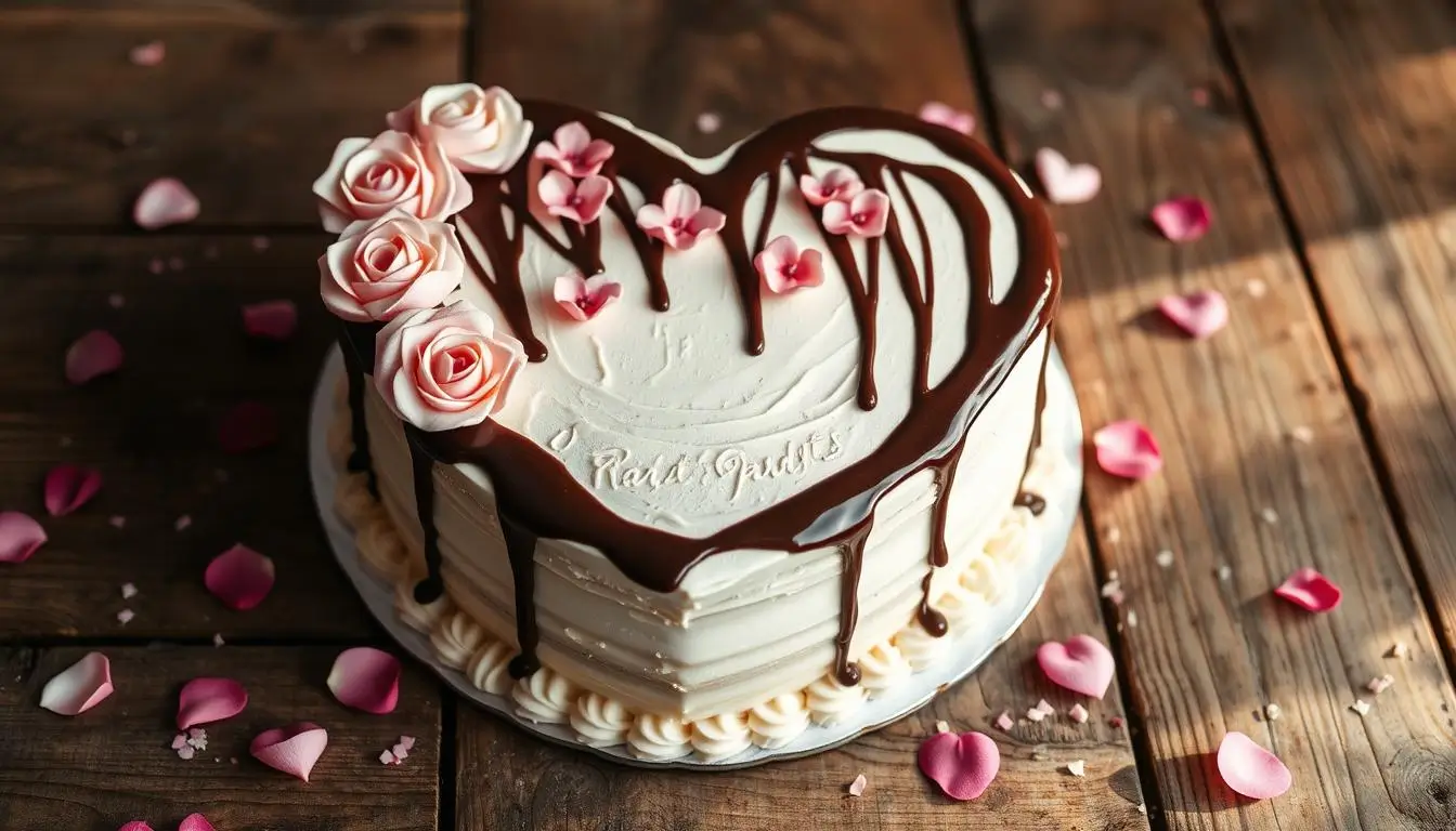 A heart-shaped cake decorated with pink and white icing flowers, drizzled with chocolate ganache, surrounded by rose petals and heart-shaped sprinkles, set on a rustic wooden table under soft natural lighting.