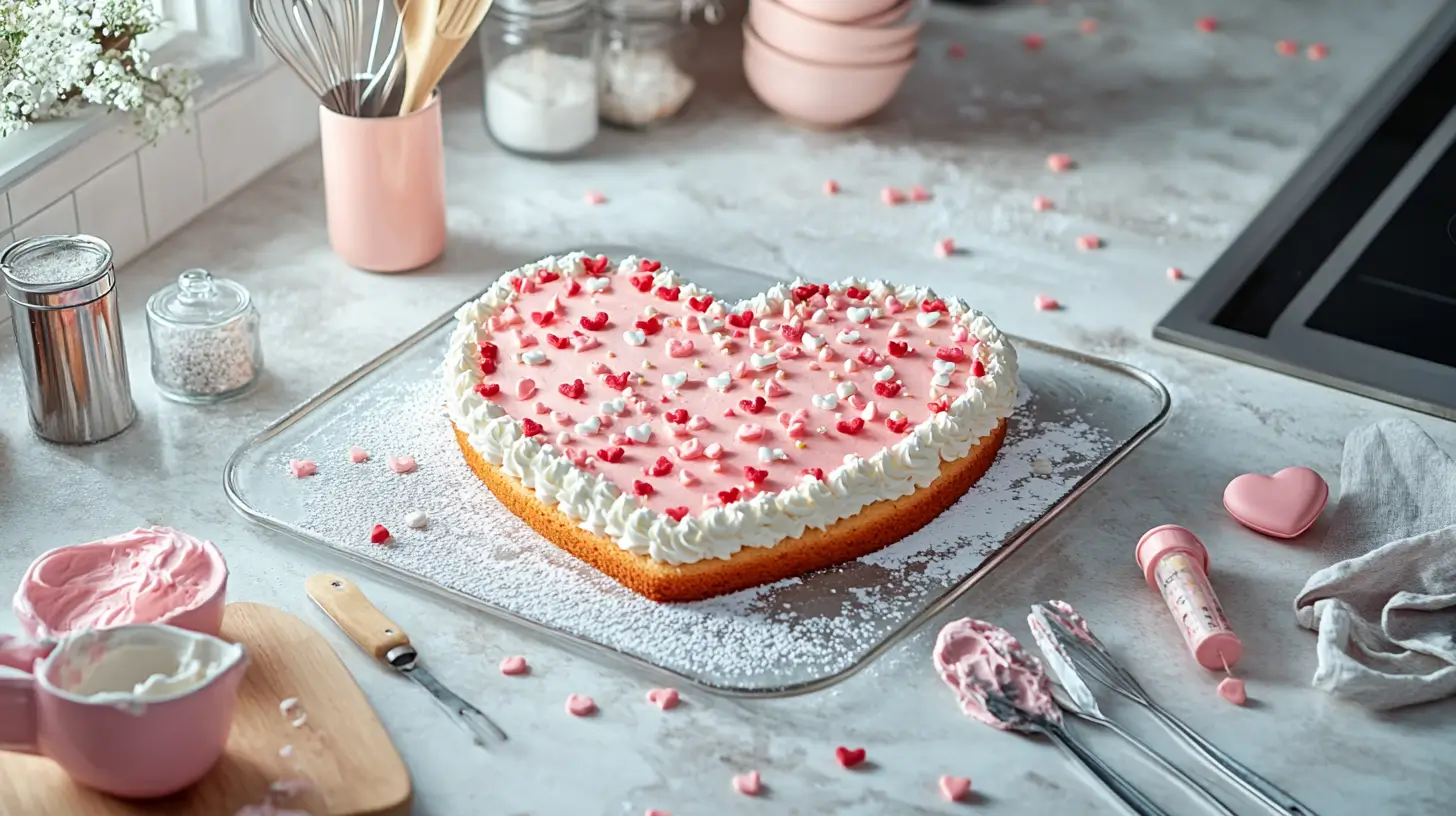 A simple heart-shaped cake on a kitchen counter, surrounded by baking essentials like a whisk, bowl, and measuring cups. Decorative elements such as heart sprinkles and pastel-colored frosting tubes add charm to the setup, making it inviting for beginners.