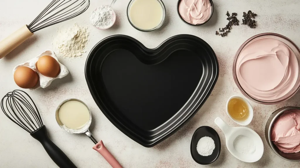 A flat lay featuring baking tools like a heart-shaped pan, whisk, and spatula, alongside ingredients such as eggs, butter, flour, sugar, and a mixing bowl. Close-up shots of frosting options, including buttercream, ganache, and whipped cream, are arranged aesthetically.