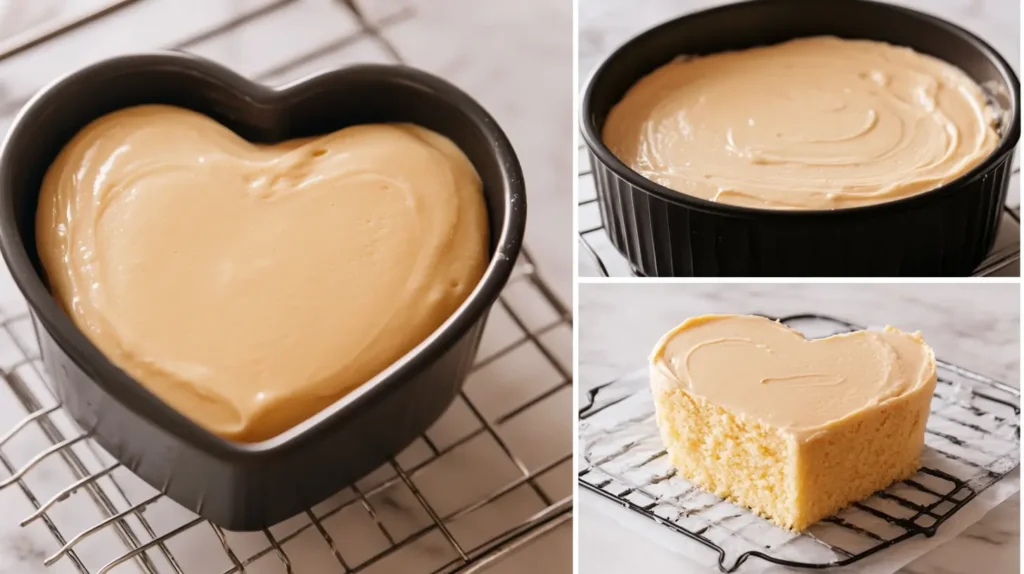 A collage showing the step-by-step process of baking a heart-shaped cake. Includes a photo of a heart-shaped cake pan filled with batter, a cake cooling on a wire rack with parchment paper, and steps like batter mixing, baking, and leveling.