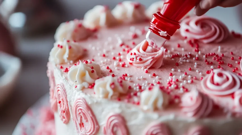 A collage showcasing a frosted heart-shaped cake with minimal decorations, a cake being decorated with a piping bag in action or sprinkles being added, and themed designs like Valentine’s Day heart toppers or elegant anniversary accents.