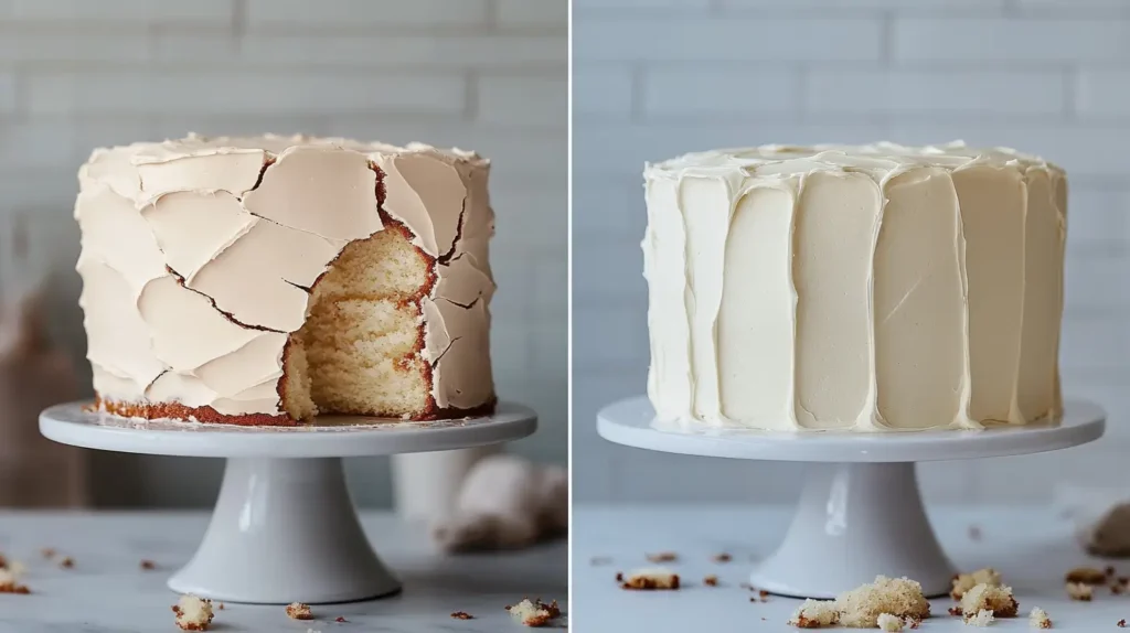 A series of images showing common cake mistakes: a cracked or uneven cake, a frosting fail with visible crumbs under the frosting, and a side-by-side comparison of a poorly decorated cake versus a polished one