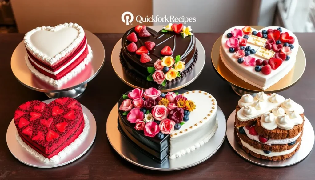 An elegant assortment of heart-shaped cakes in various designs, featuring red velvet, chocolate, floral decorations, and fresh fruit toppings, arranged on silver cake stands with the Quickfork Recipes logo in the background.