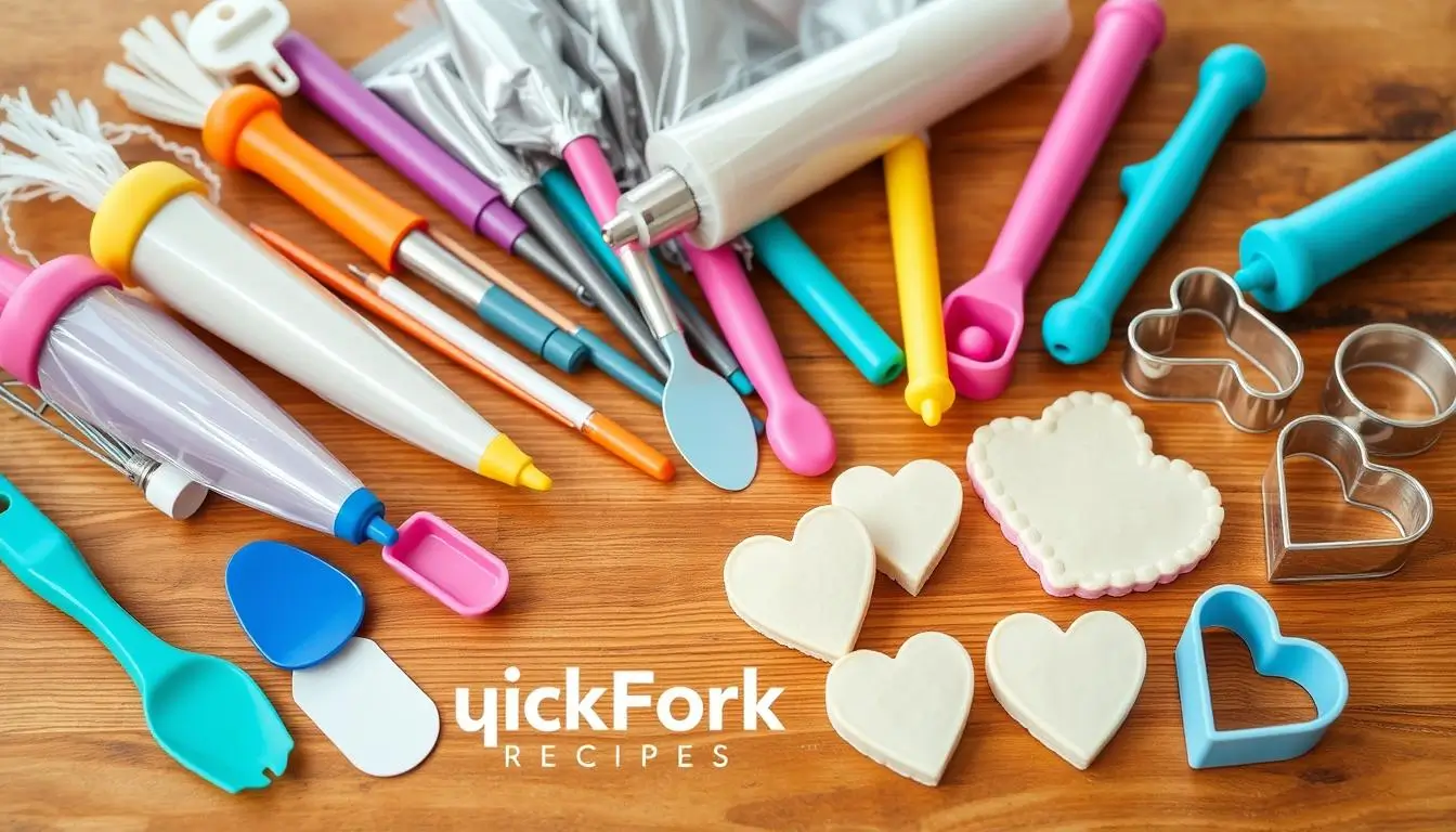 An assortment of cake decorating tools neatly arranged on a wooden countertop, including piping bags, spatulas, fondant rollers, and heart-shaped cookie cutters. The tools are vibrant and colorful, evoking a home baking atmosphere. The QuickFork Recipes brand name is subtly integrated into the scene.