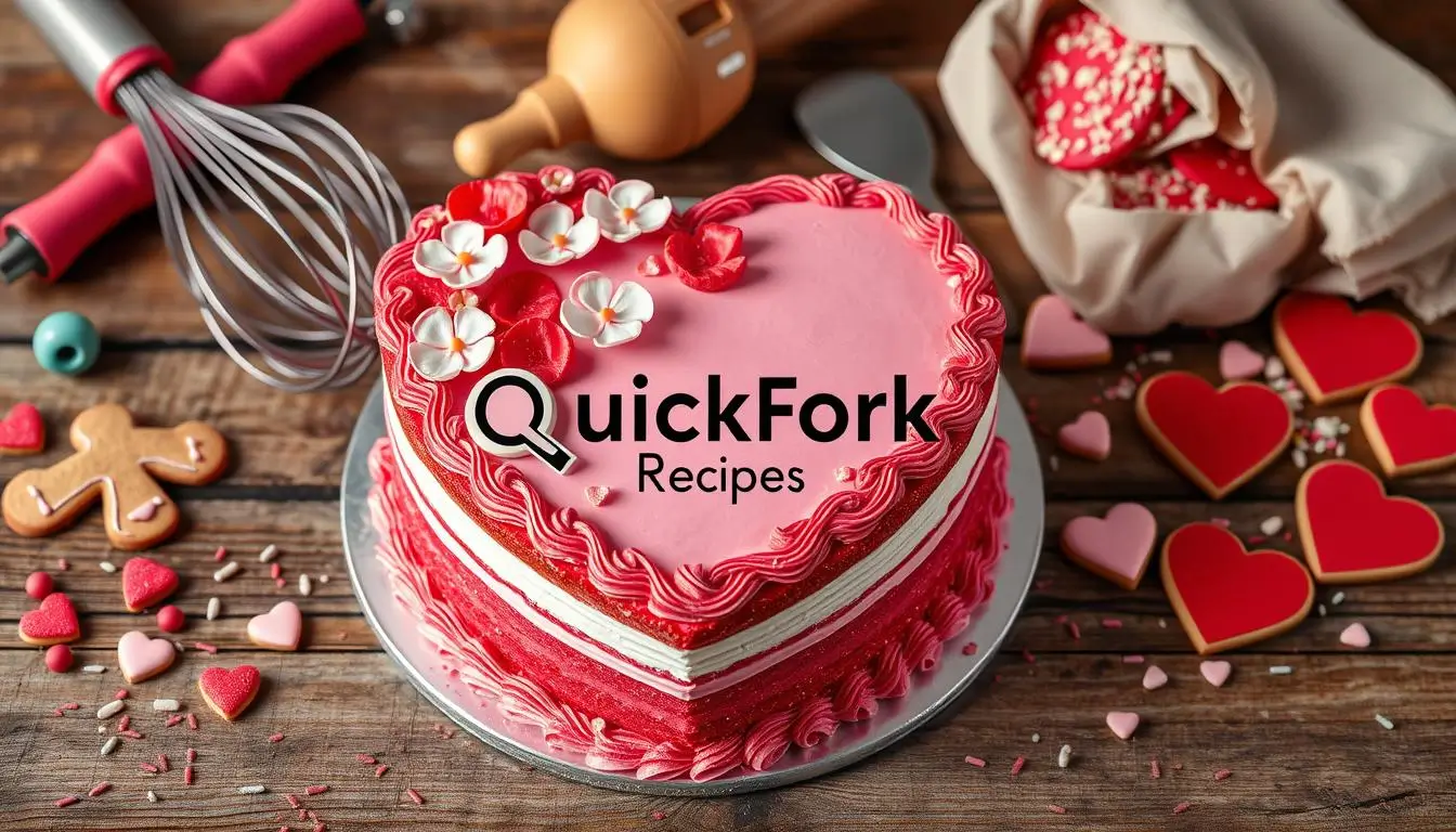 A beautifully layered heart-shaped cake, decorated with vibrant red and pink fondant, delicate icing flowers, and edible glitter, placed on a rustic wooden table with baking tools like whisks and spatulas nearby, surrounded by heart-shaped cookies and colorful sprinkles in a festive atmosphere.