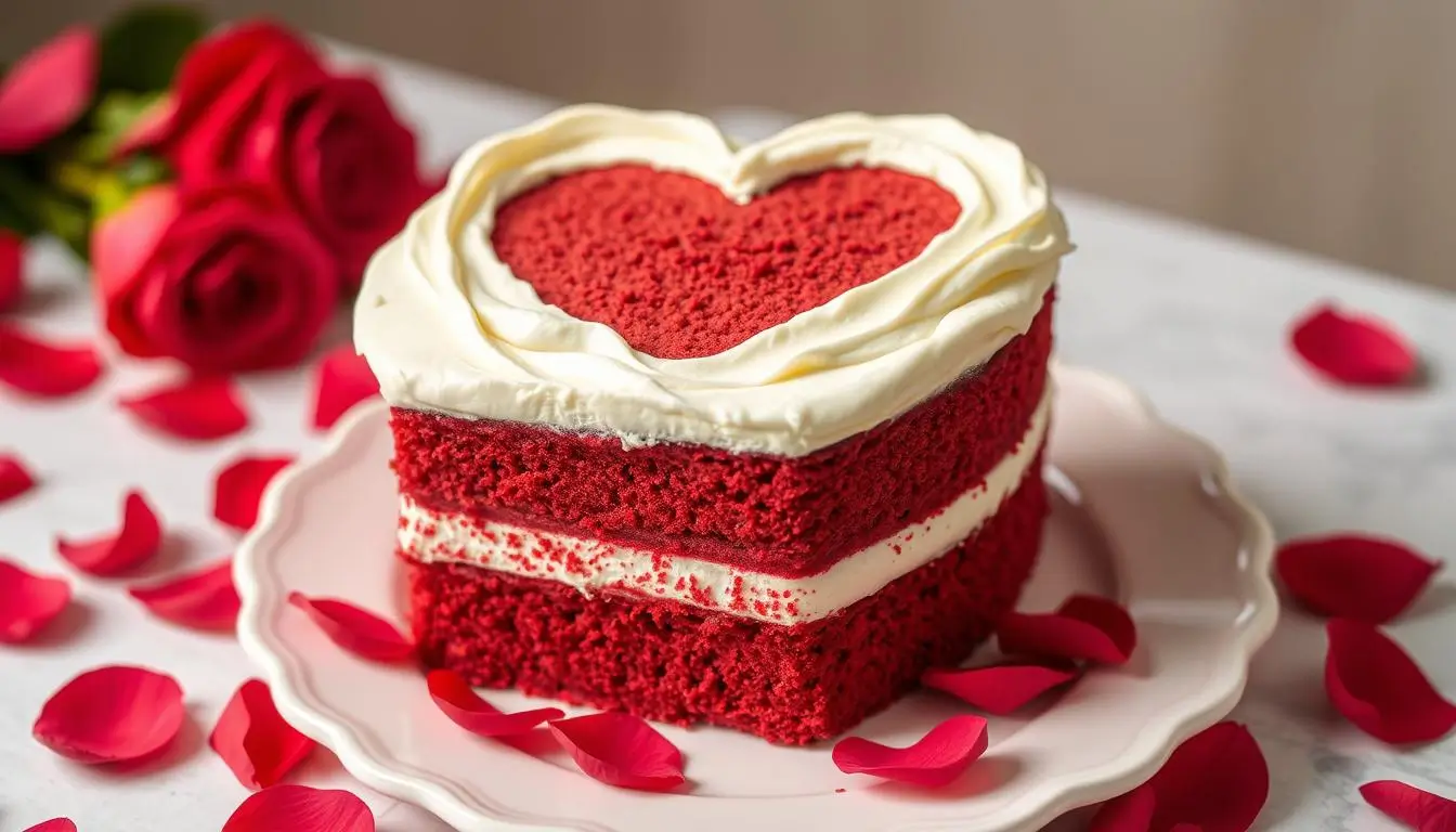 Classic red velvet heart-shaped cake with rich red layers and cream cheese frosting, elegantly presented on a delicate white plate, surrounded by rose petals under soft, romantic lighting.