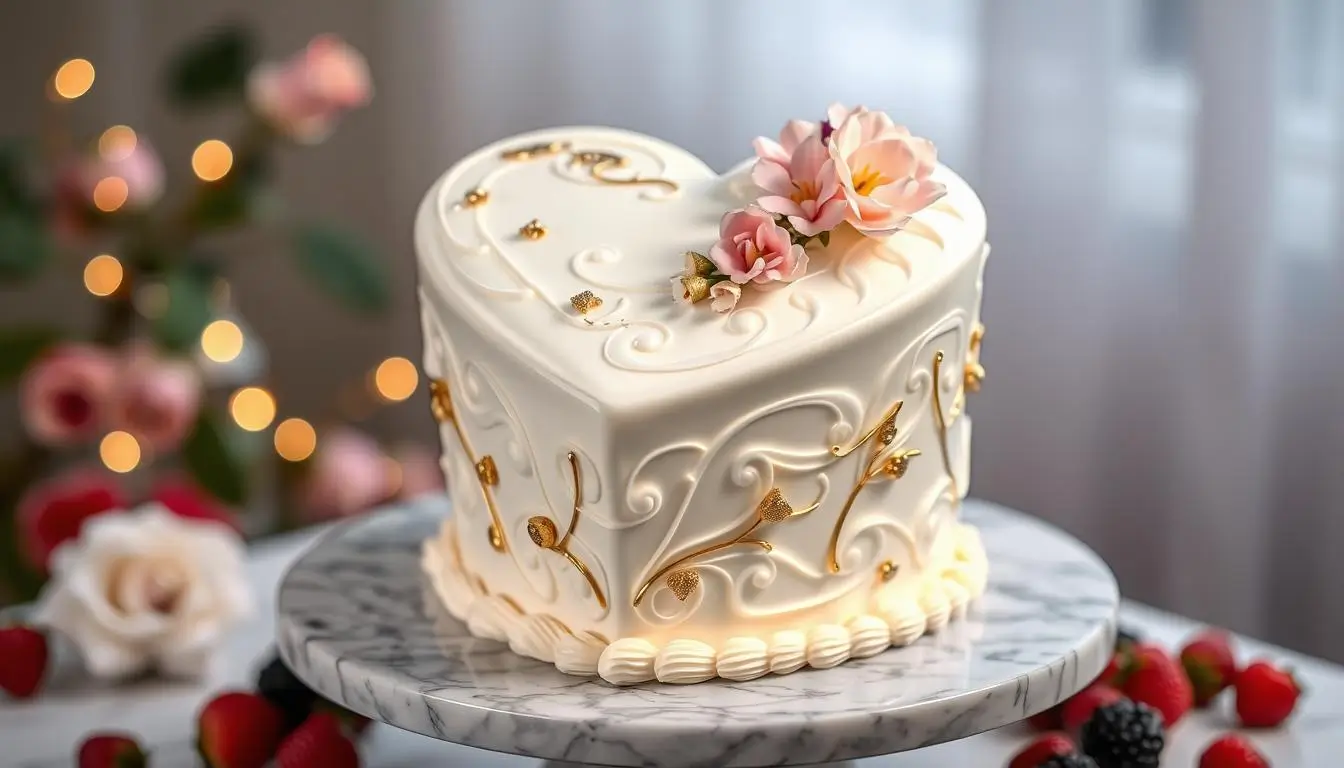 Elegant white chocolate heart-shaped cake with a rich, smooth texture, adorned with delicate floral decorations, shimmering gold accents, and soft pastel colors, displayed on a marble cake stand surrounded by fresh berries in a beautifully lit ambiance.