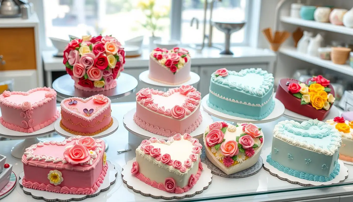 Expertly decorated heart-shaped cake with intricate frosting swirls and delicate fondant details, surrounded by baking tools and vibrant sprinkles.