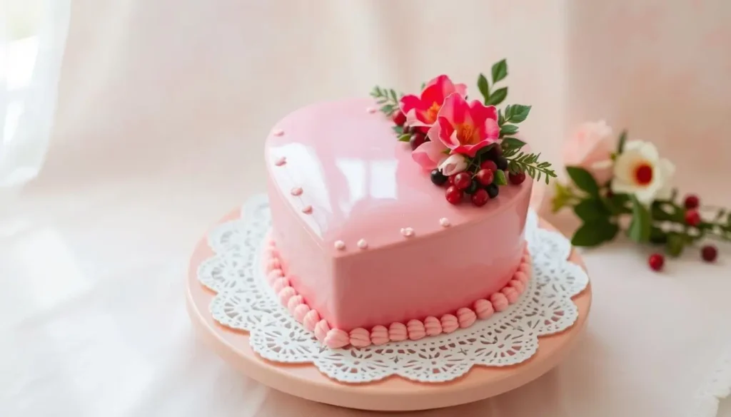 A beautifully decorated heart-shaped cake on a delicate doily, adorned with fresh flowers and berries, set against a soft pastel backdrop with natural lighting, highlighting intricate icing details and a glossy finish.