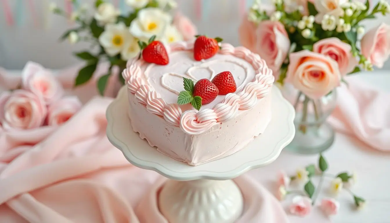 A beautifully decorated heart-shaped cake adorned with fresh strawberries and delicate pink frosting, placed on an elegant white cake stand, surrounded by soft pastel colors and gentle floral arrangements in the background.