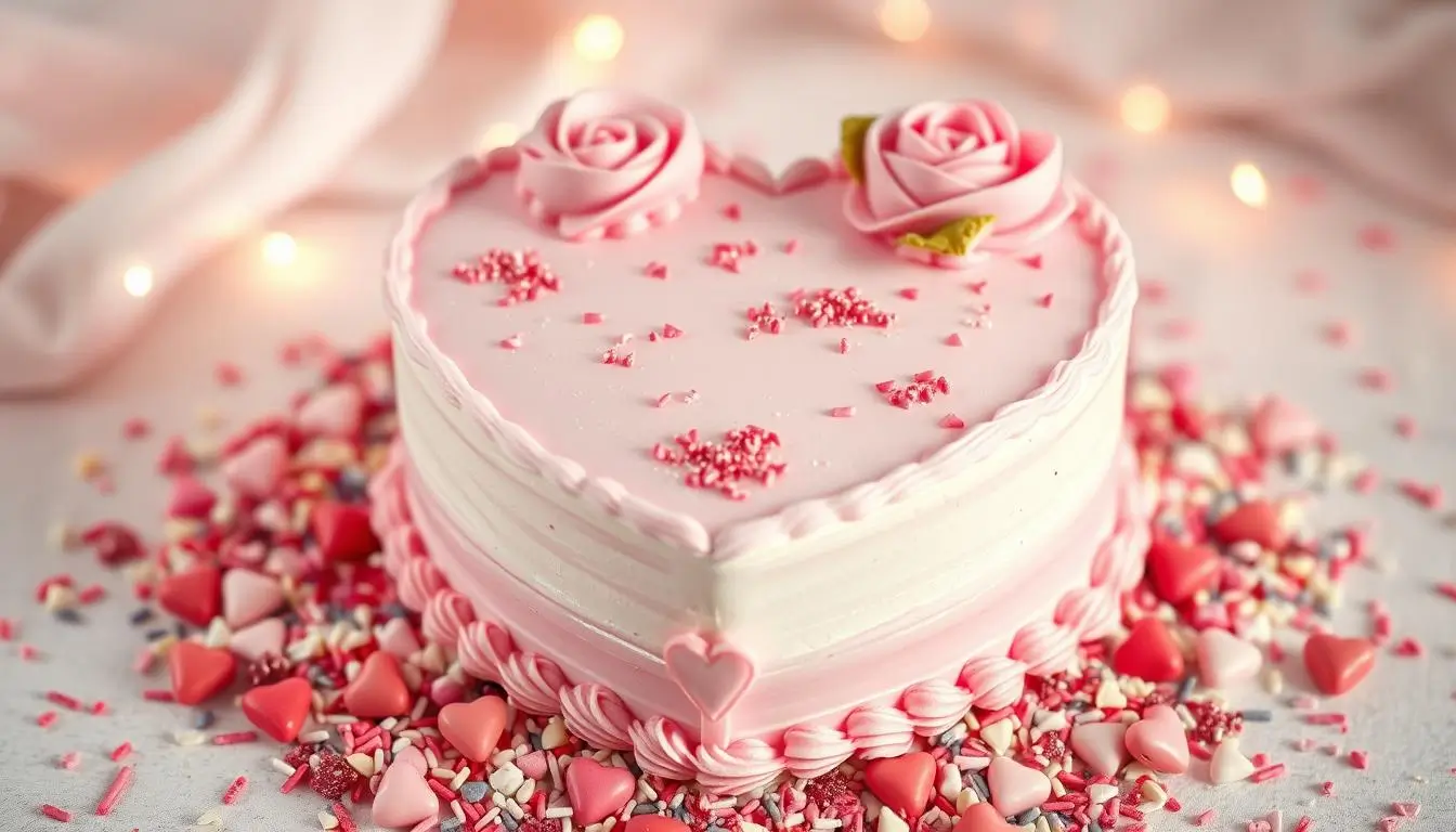 A beautifully decorated heart-shaped cake, elegantly frosted with pink and white icing, adorned with delicate roses and edible glitter, surrounded by colorful sprinkles and small heart-shaped candies, set against a soft, romantic background with gentle lighting.