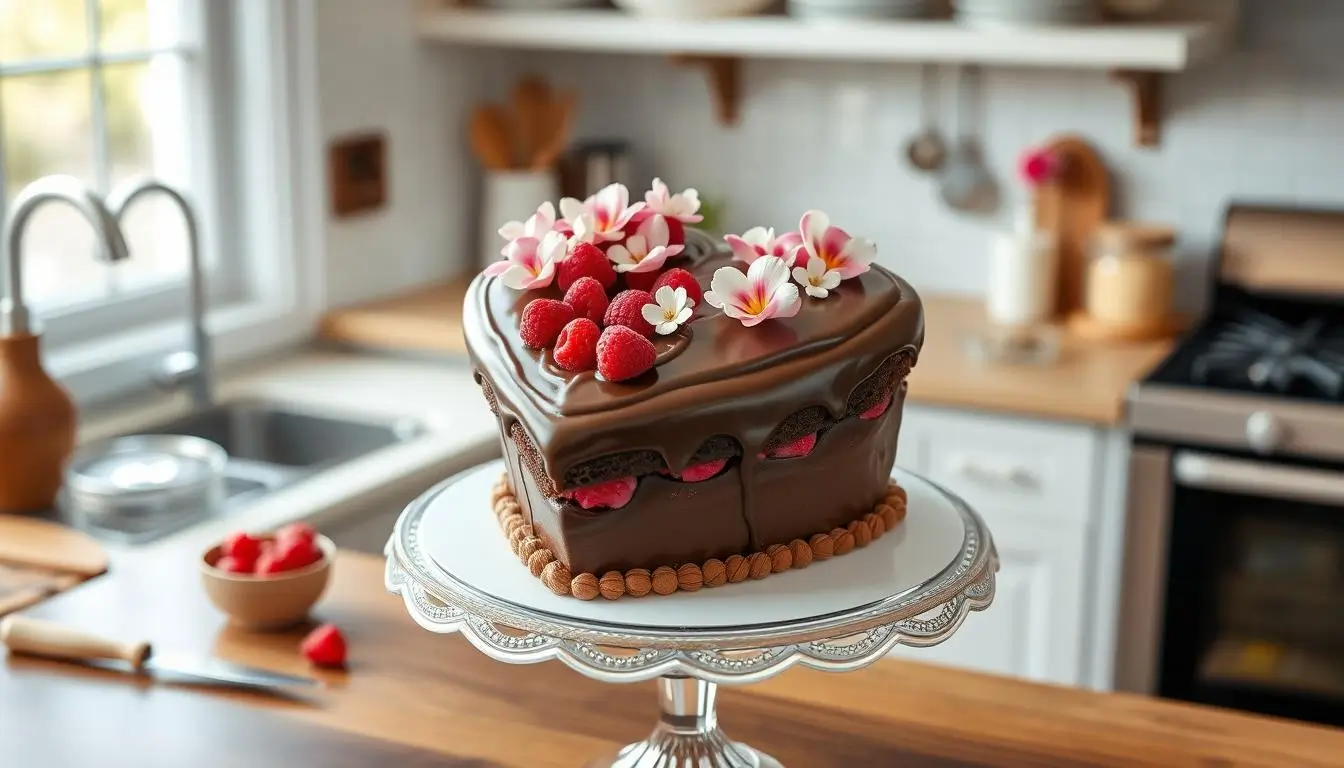 A beautifully decorated gourmet heart-shaped cake, layered with rich chocolate and vibrant raspberry filling, topped with delicate edible flowers and a glossy ganache, set on an elegant cake stand in a softly lit kitchen, surrounded by baking tools and ingredients.