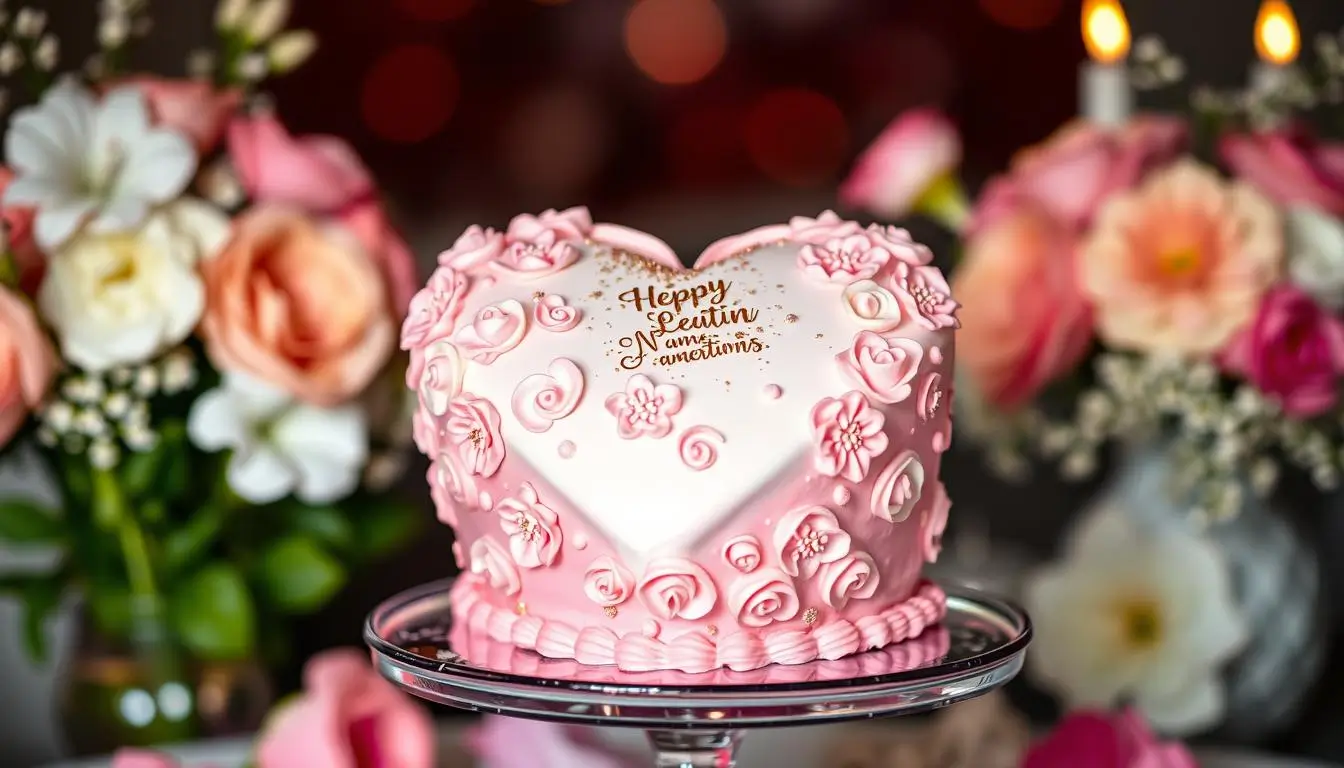 A heart-shaped cake with pastel pink and white icing, decorated with intricate buttercream floral patterns and edible glitter. It sits on an elegant cake stand, surrounded by soft romantic lighting, with a blurred floral background and bokeh effect.