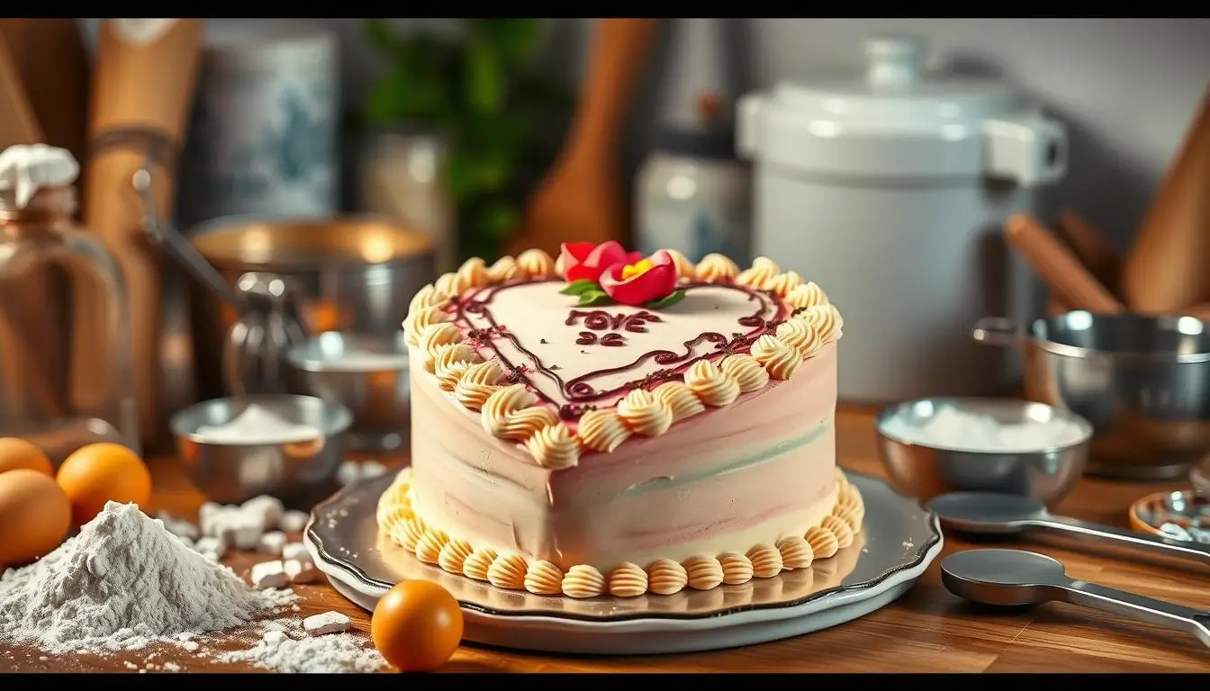 A heart-shaped cake surrounded by baking tools, ingredients like flour, eggs, measuring cups, and spatulas. The cake is placed in a cozy kitchen with warm lighting highlighting its intricate details and texture.