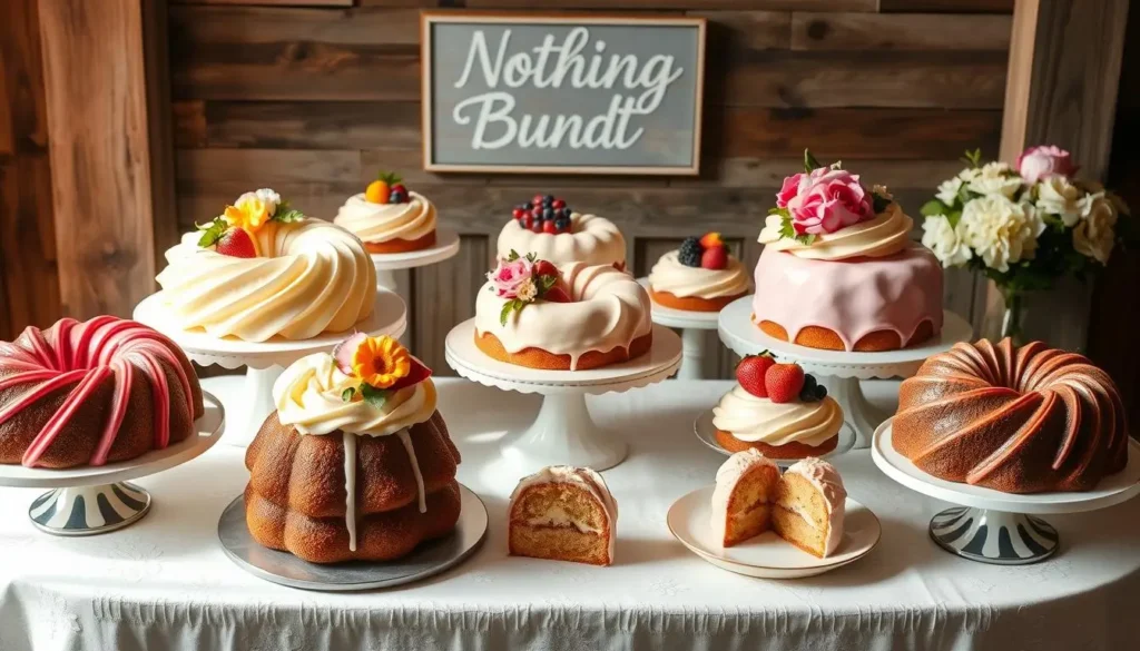 A beautifully decorated bundt cake from Nothing Bundt Cakes, featuring a signature frosting design and festive decorations.