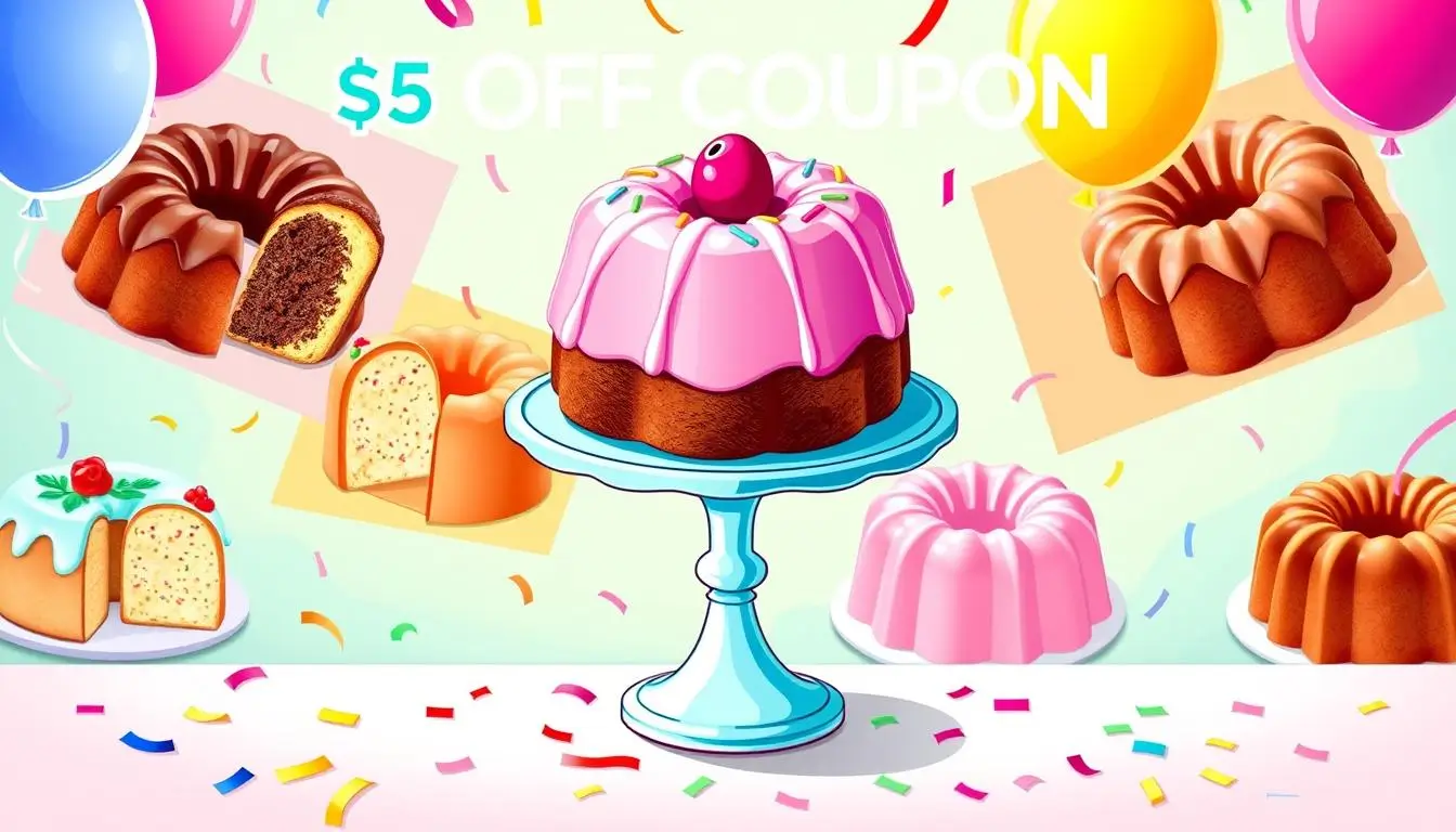 Vibrant $5 off coupon for Nothing Bundt Cakes, featuring decorative bundt cakes, festive balloons, confetti, and a whimsical cake stand holding a frosted bundt cake