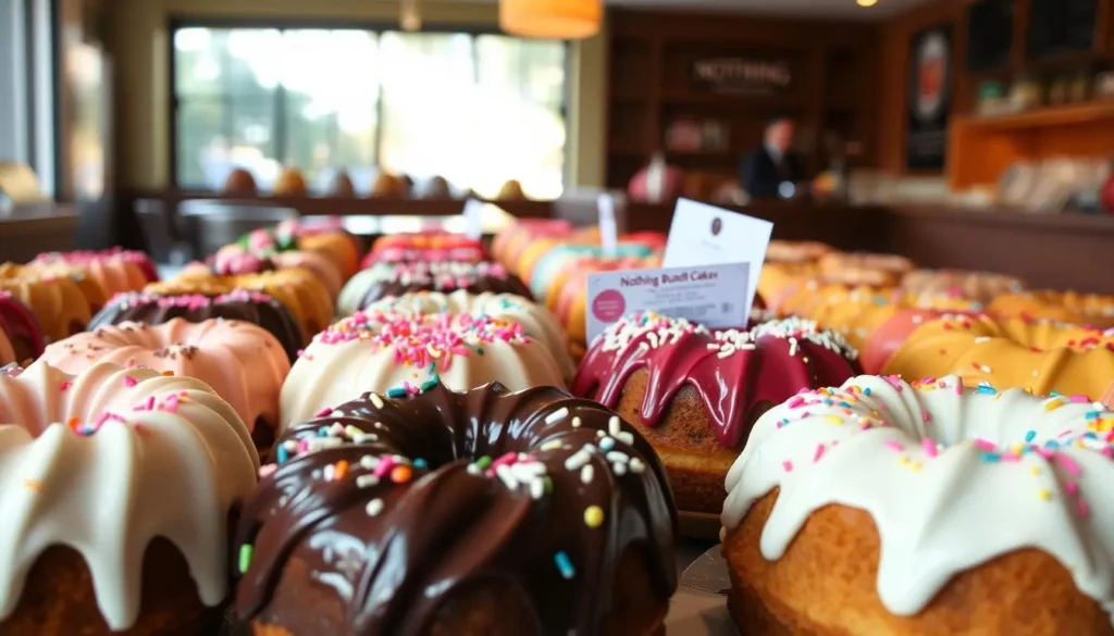 Tempting display of Nothing Bundt Cakes in various flavors with intricate frosting and sprinkles, soft natural lighting, and a coupon peeking out for a delightful discount.