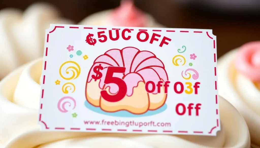 Close-up of a colorful $5 off coupon featuring a whimsical bundt cake illustration, pastel frosting swirls, and decorative elements, with a blurred bakery background.