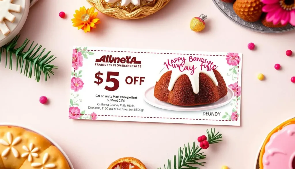 Colorful coupon with a vibrant floral border, pastel background, Bundt cake with frosting and sprinkles, and a bold '$5 Off' graphic, surrounded by bakery items and festive decorations.