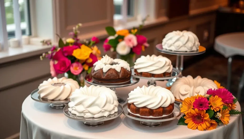 A display of beautifully frosted bundt cakes on cake stands, surrounded by vibrant flowers