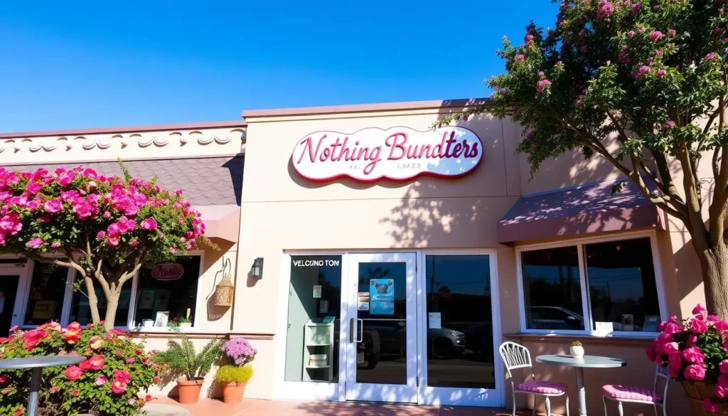 Exterior of a Nothing Bundt Cakes bakery, featuring vibrant flowers and outdoor seating