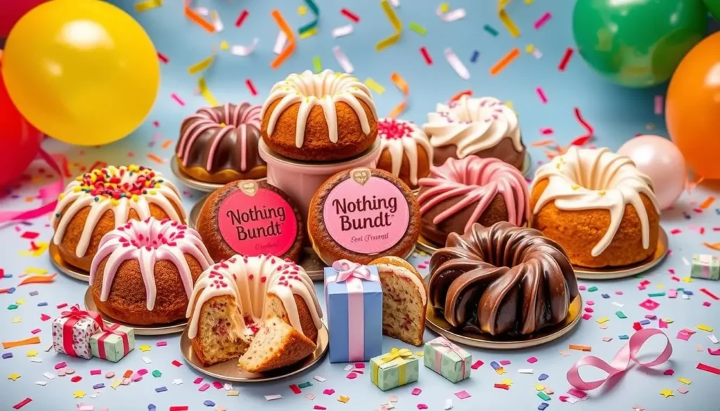 A colorful display of mini bundt cakes with festive decorations, balloons, and gift boxes