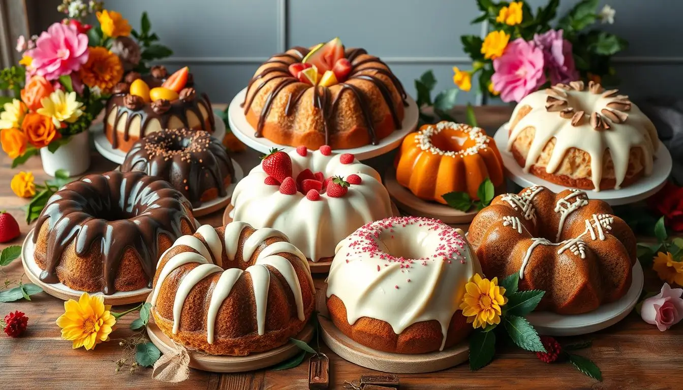 Beautifully arranged selection of Bundt cakes on a rustic wooden table, featuring flavors like chocolate, lemon, red velvet, and pumpkin spice, decorated with glazes, fresh fruit, and sprinkles, surrounded by vibrant flowers and greenery.