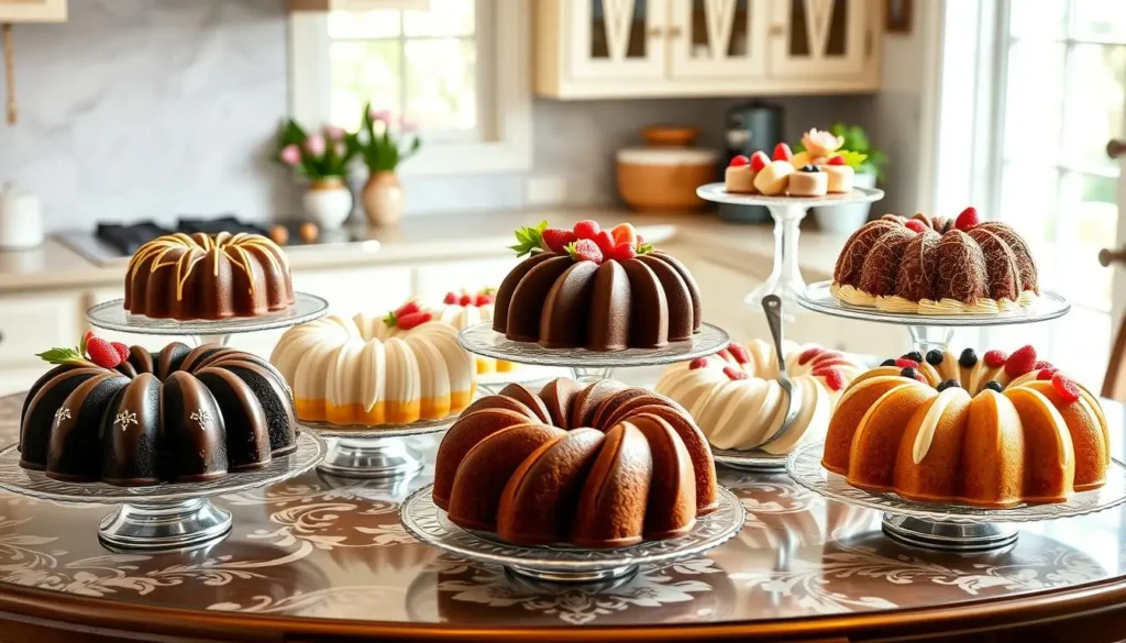 Beautifully arranged display of bundt cakes on an elegant table, featuring chocolate, red velvet, lemon, and vanilla flavors, decorated with colorful icing, fresh fruits, and edible flowers in a warmly lit kitchen