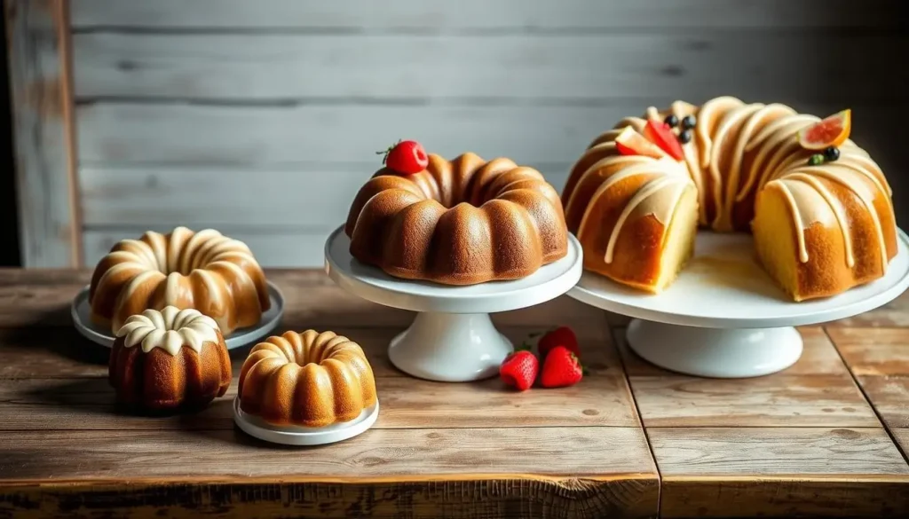 Visually appealing display of Bundt cakes in three sizes—miniature, standard, and large—on a rustic wooden table, decorated with frosting and fresh fruit, illuminated by soft natural light.