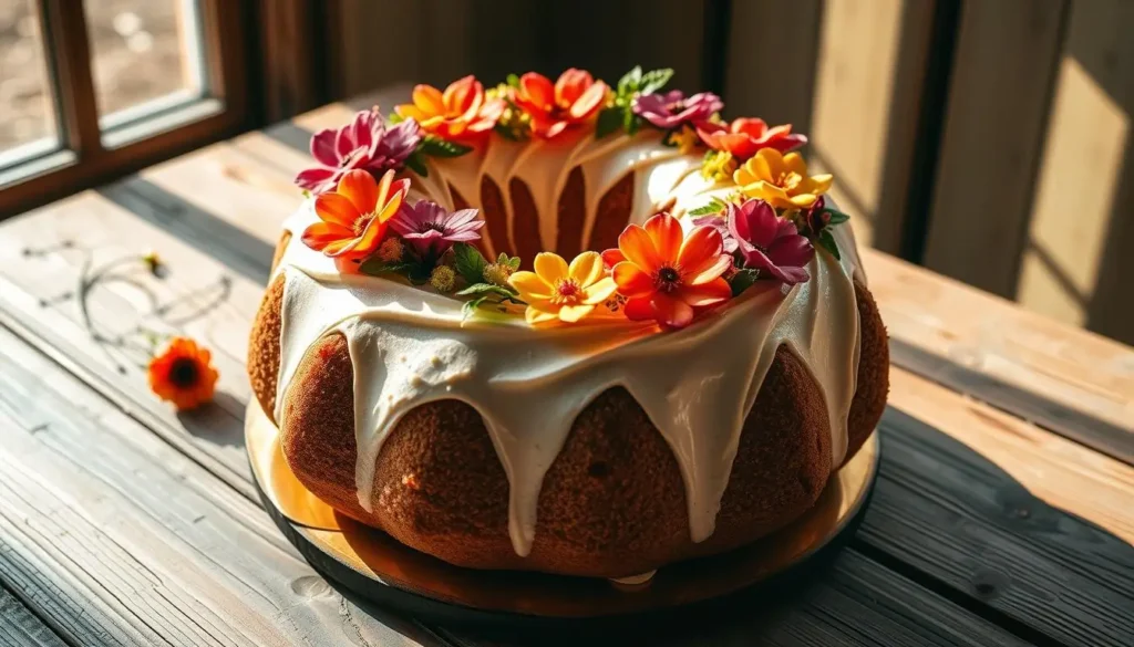 Beautifully decorated bundt cake with intricate frosting, seasonal flowers, and colorful fruit toppings on a rustic wooden table, illuminated by warm sunlight with soft shadows.