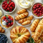 A beautifully arranged breakfast table with golden puff pastries, including fruit-filled danishes, cheese twists, and croissants, garnished with fresh berries and whipped cream, illuminated by soft morning light