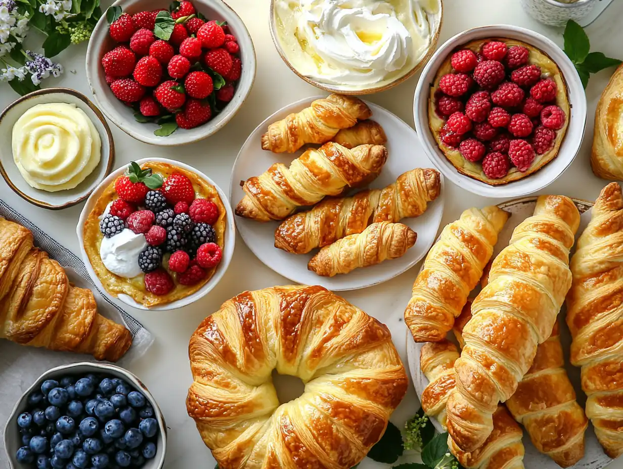 A beautifully arranged breakfast table with golden puff pastries, including fruit-filled danishes, cheese twists, and croissants, garnished with fresh berries and whipped cream, illuminated by soft morning light