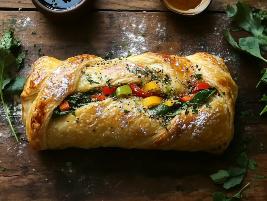 A golden-brown puff pastry breakfast roll-up filled with fresh vegetables like spinach and bell peppers, sprinkled with cheese, placed on a rustic wooden table with fresh herbs and dipping sauce, illuminated by soft morning light.