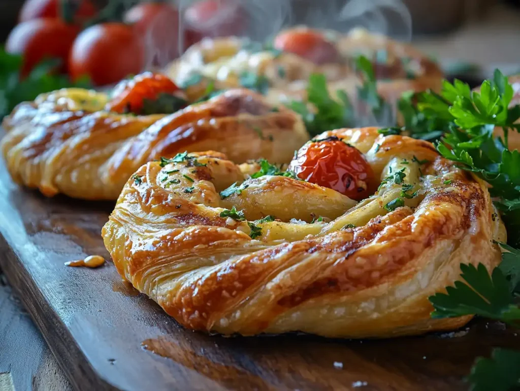 Golden-brown flaky pastry twists filled with creamy cheese and savory herbs, arranged on a rustic wooden board, garnished with fresh parsley and cherry tomatoes, with steam rising and soft morning light enhancing the scene.