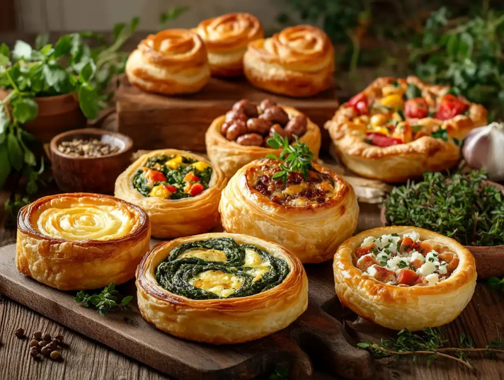 A rustic kitchen scene with savory puff pastry breakfast dishes, including cheese-filled pastries, spinach and feta rolls, mini quiches, and sausage-stuffed pastries, garnished with fresh herbs and side dishes in soft morning light.