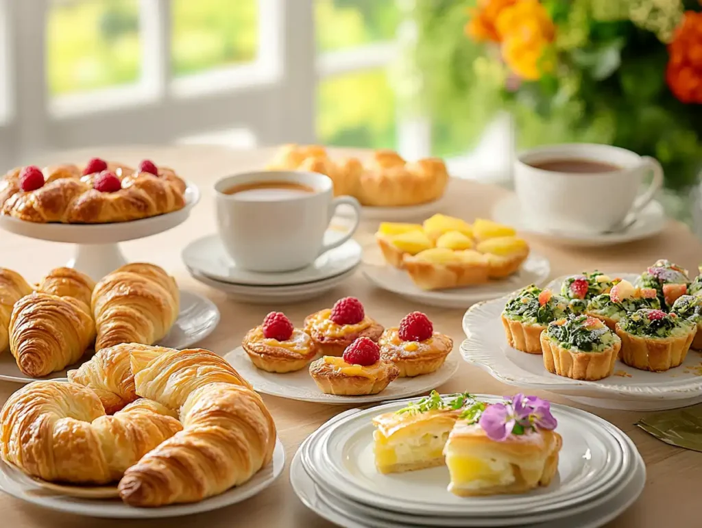 A breakfast table featuring puff pastry dishes like flaky croissants, savory cheese and spinach pastries, sweet fruit tarts, and steaming coffee and tea, surrounded by fresh fruits, vibrant flowers, and soft morning light.