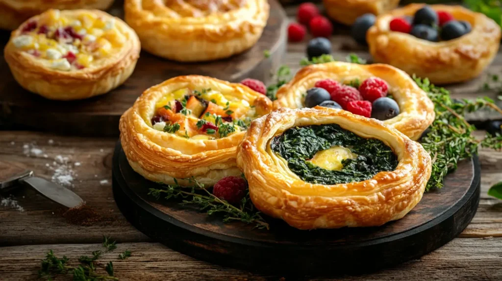 Golden, flaky puff pastry breakfast dishes, including spinach and feta pastries, fruit tarts with berries, mini vegetable quiches, and cinnamon sugar twists on a rustic wooden table